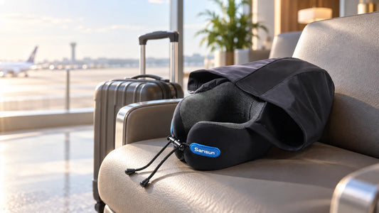 Black hooded travel pillow resting on an airport seat beside rolling luggage