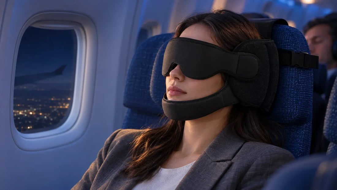 Traveler sleeping upright with SARISUN Model 010 support on a red-eye flight