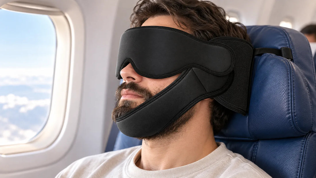Bearded traveler wearing SARISUN Model 001 chin support on an airplane