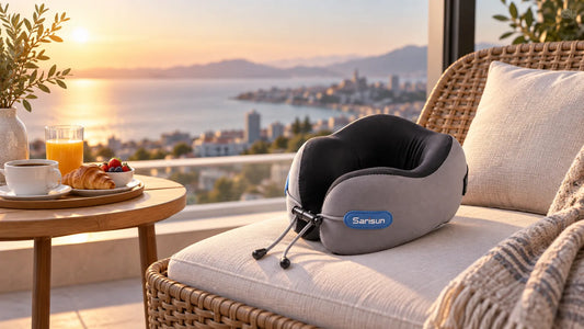 Gray and black Sarisun neck massager on a wicker lounge chair overlooking a bay at sunset