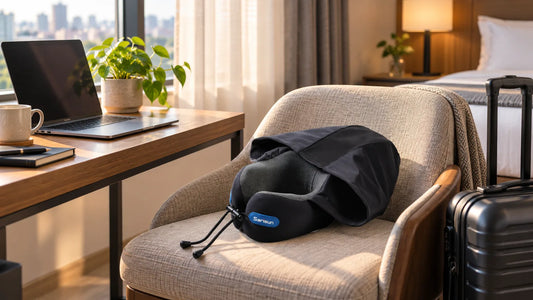 Black travel neck pillow with a hood resting on an armchair beside a suitcase and laptop.