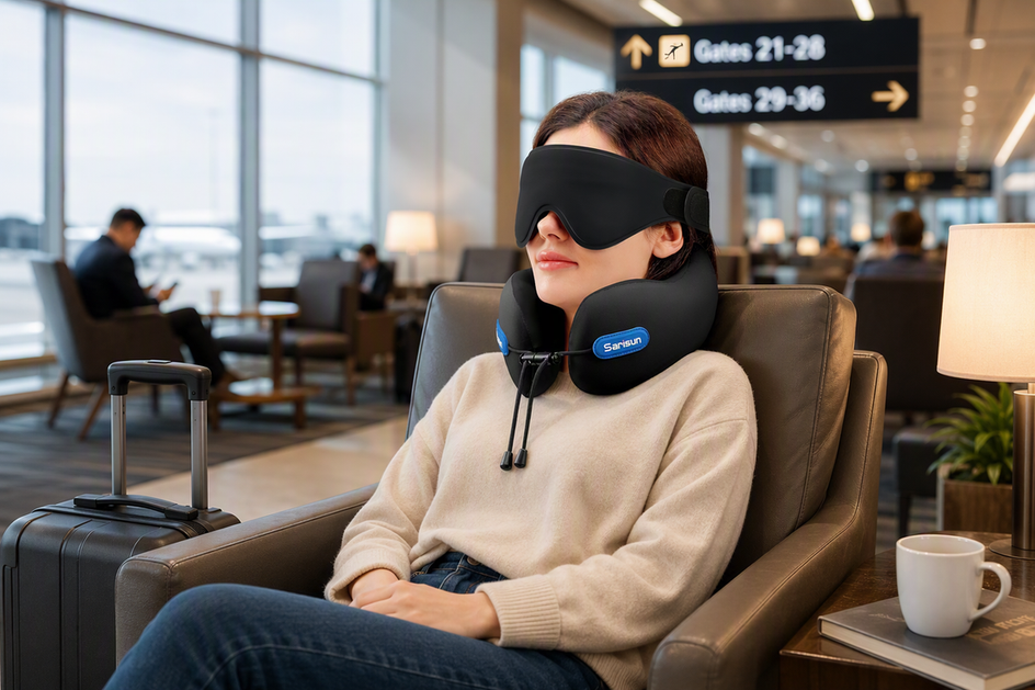 Traveler taking a short nap in an airport lounge while wearing a supportive travel neck pillow and eye mask