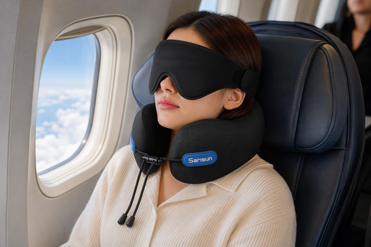 Traveler resting in an airplane seat with a travel neck pillow supporting the head while the outer ears remain clear and a sound-control accessory is fitted comfortably.