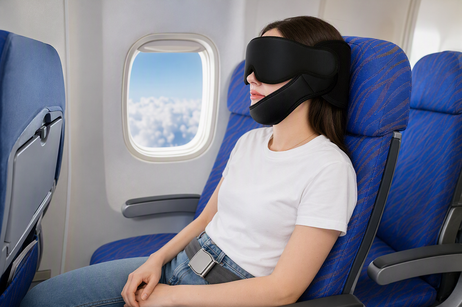 Traveler sleeping upright in an airplane seat while wearing a chin-support travel pillow that steadies the head