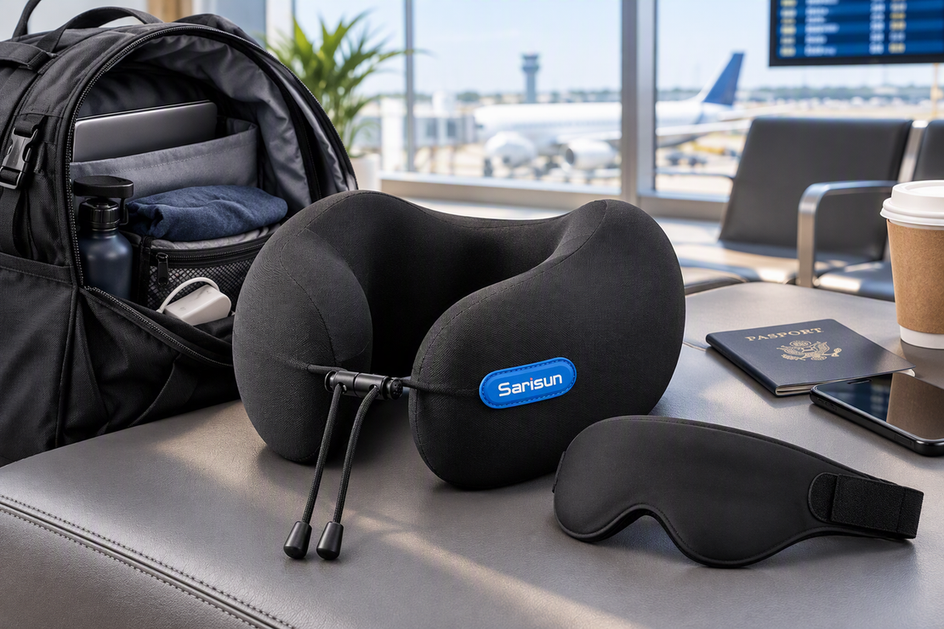 Compact travel neck pillow arranged with a one-bag travel kit beside an open backpack in an airport lounge