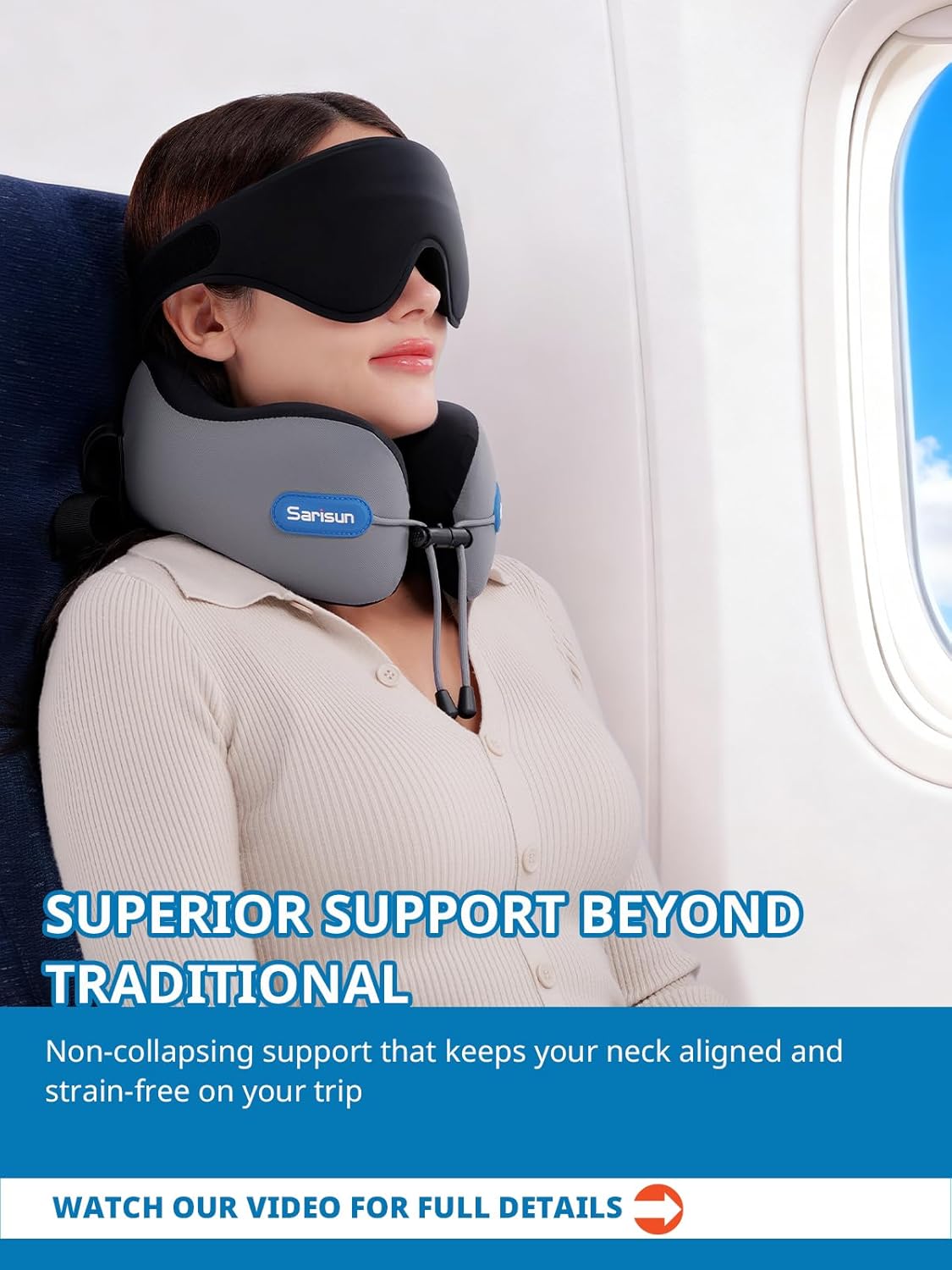 Person using a sarisun neck pillow and eye mask on an airplane with text about product benefits.