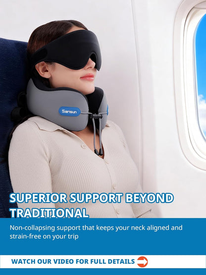 Person using a sarisun neck pillow and eye mask on an airplane with text about product benefits.