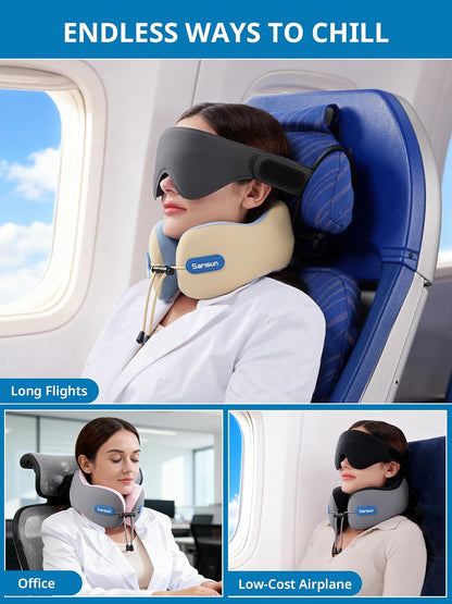 Woman using sarisun travel neck pillow and eye mask comtraption on different occasion with text 'Endless Ways to Chill'.