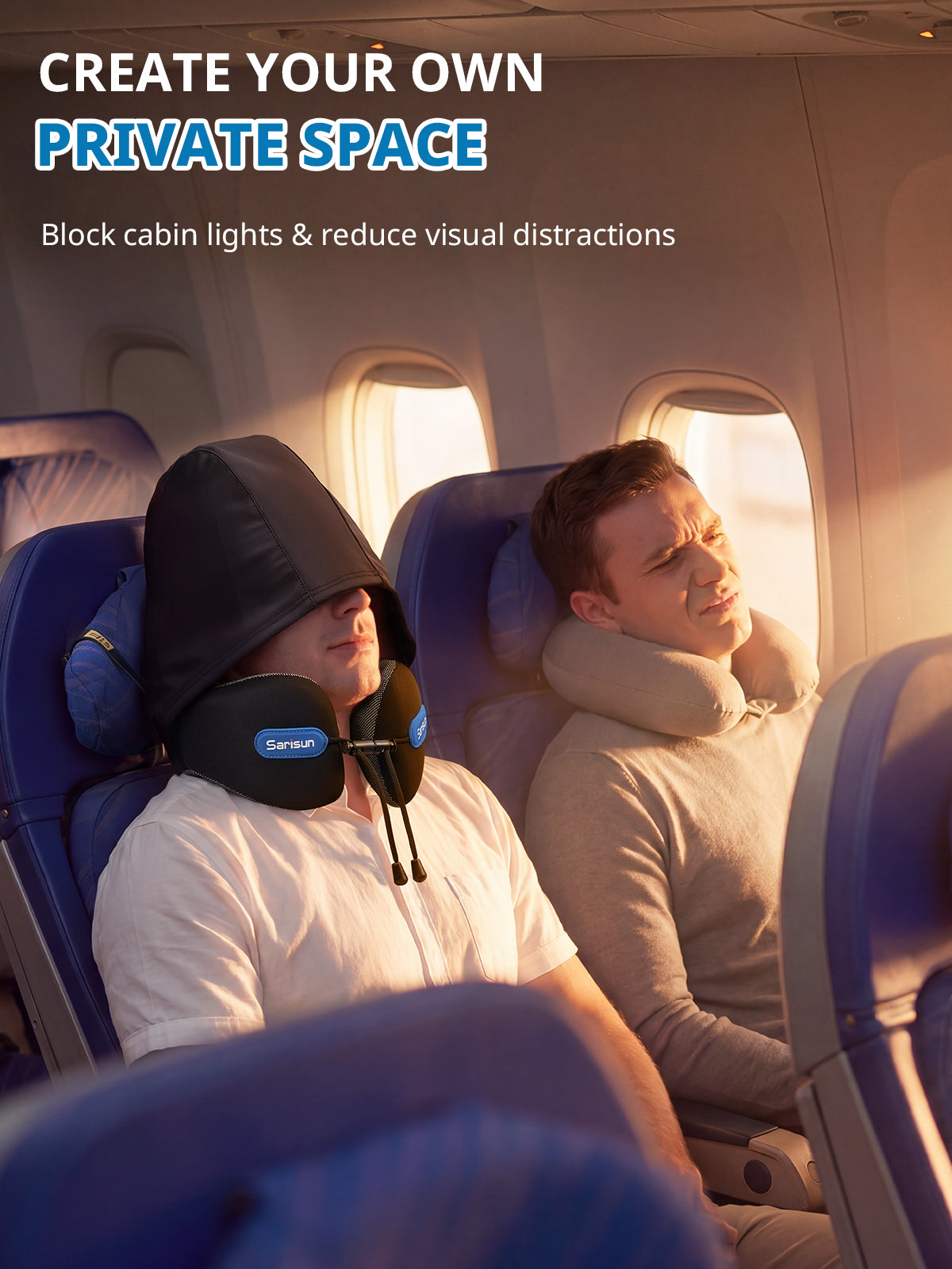 sarisun neck pillow with hood covering eyes to avoid eye contact and sun light