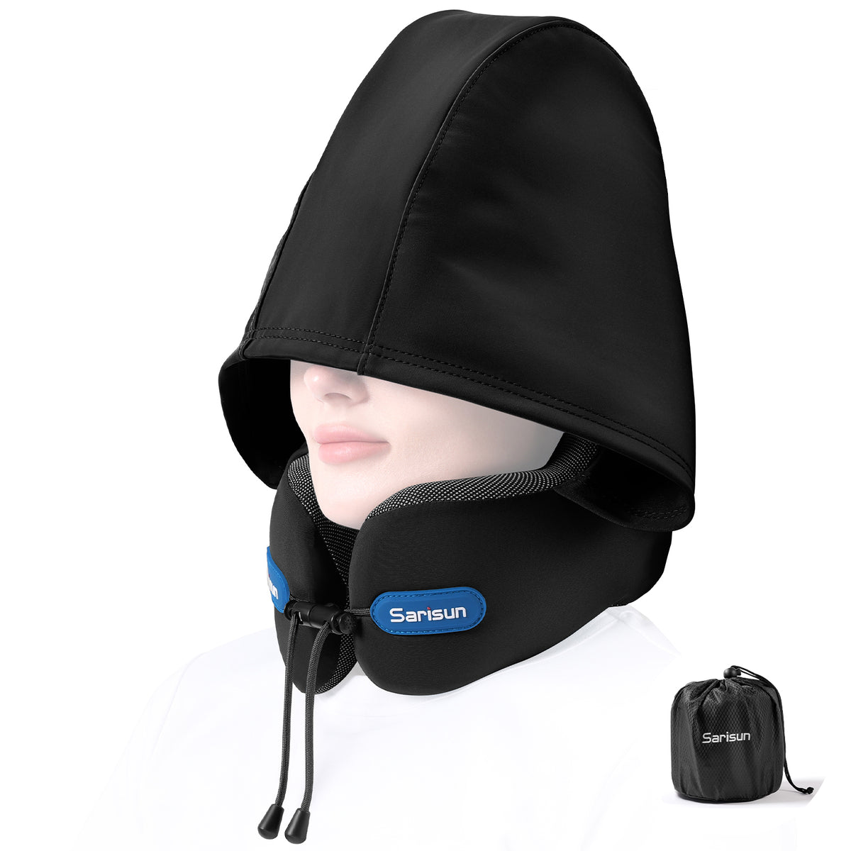 black sarisun travel u shape neck pillow with hood