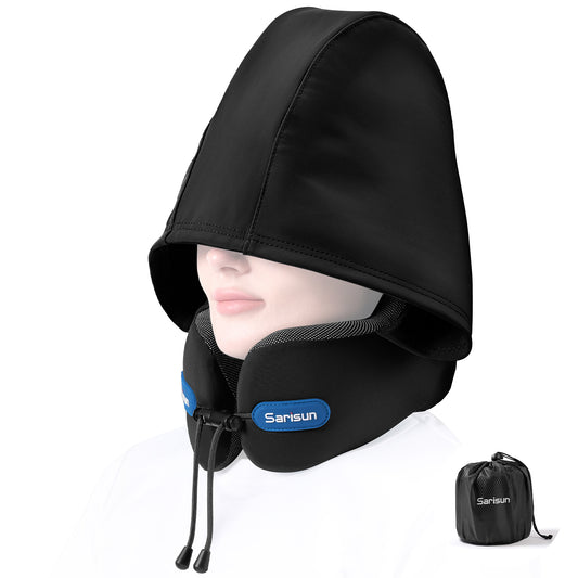 black sarisun travel u shape neck pillow with hood