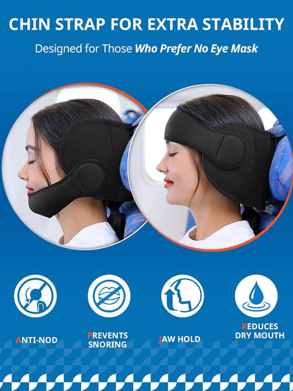 sarisun travel pillow 010 black Chin strap for extra stability with user illustrations and benefits